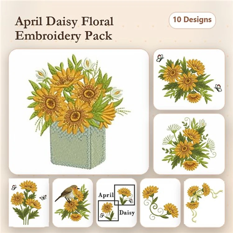 Floral Bouquet Embroidery Bundle – Sunflower Bouquet, Daisy Arrangement in Vase, Bird Among Flowers & More (10 Designs)