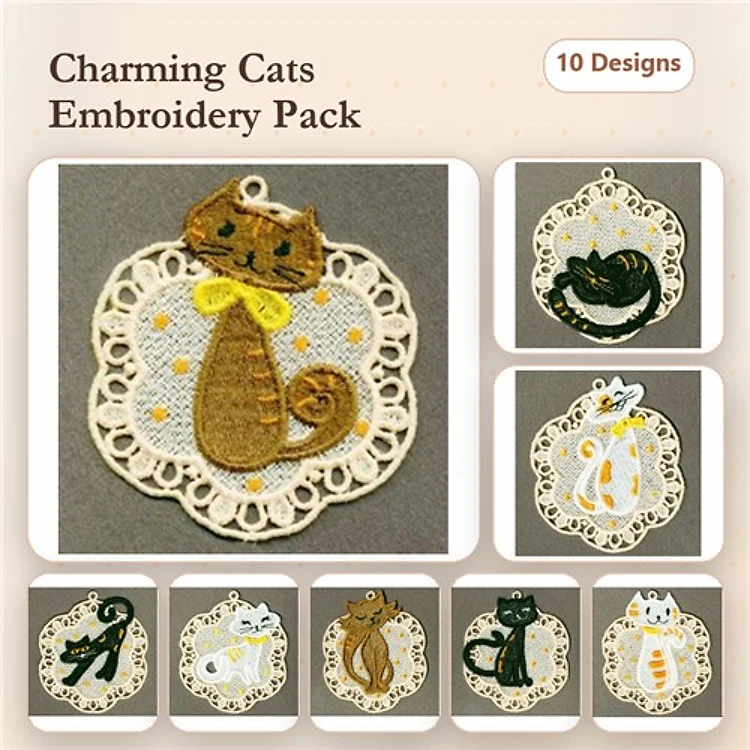 FSL Charming Cat Embroidery Designs Bundle – Cat with Yellow Bow, Green Cat, Black Cat & More (10 Designs)