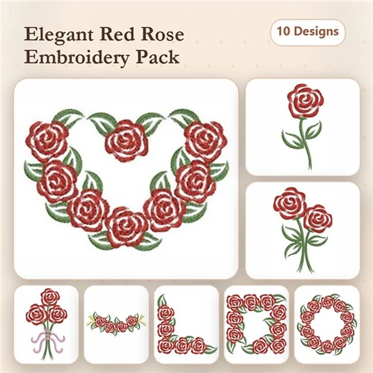 Redwork Elegant Red Rose Embroidery Designs Bundle – Heart with Roses, Single Rose, Floral Letter L & More (10 Designs)