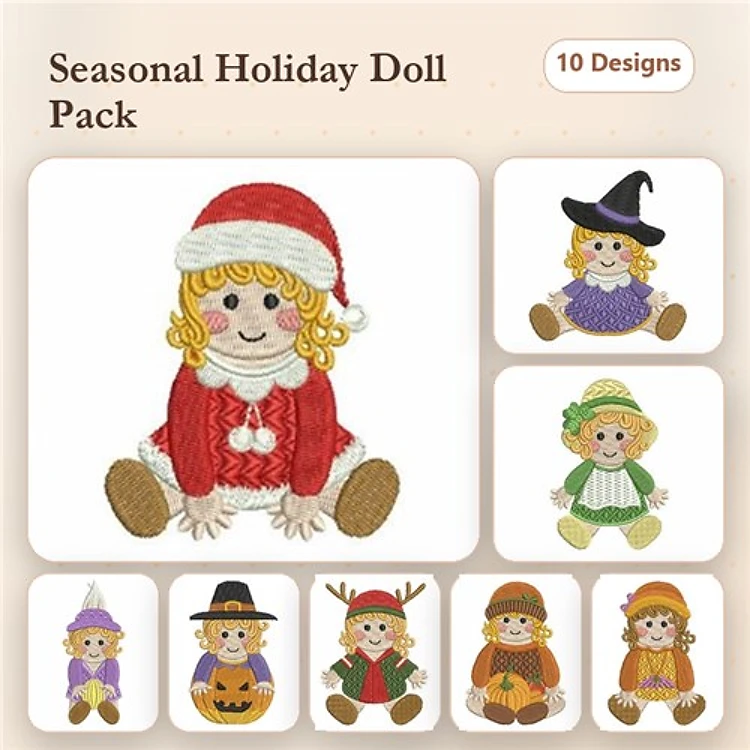 Holiday Dolls Embroidery Designs Bundle – Santa, Witch, Pumpkin & More (10 Designs)