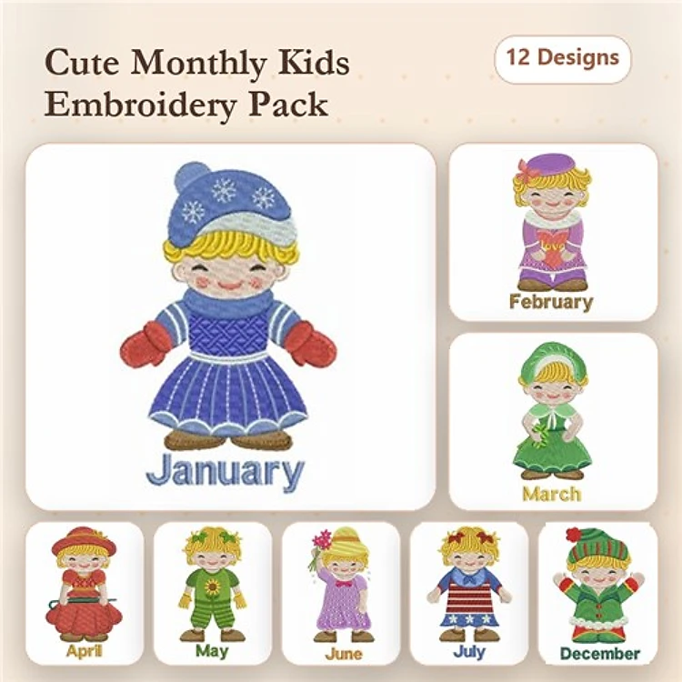 Monthly Kids Themes Embroidery Designs Bundle – January Girl, February Girl, March Girl & More (12 Designs)