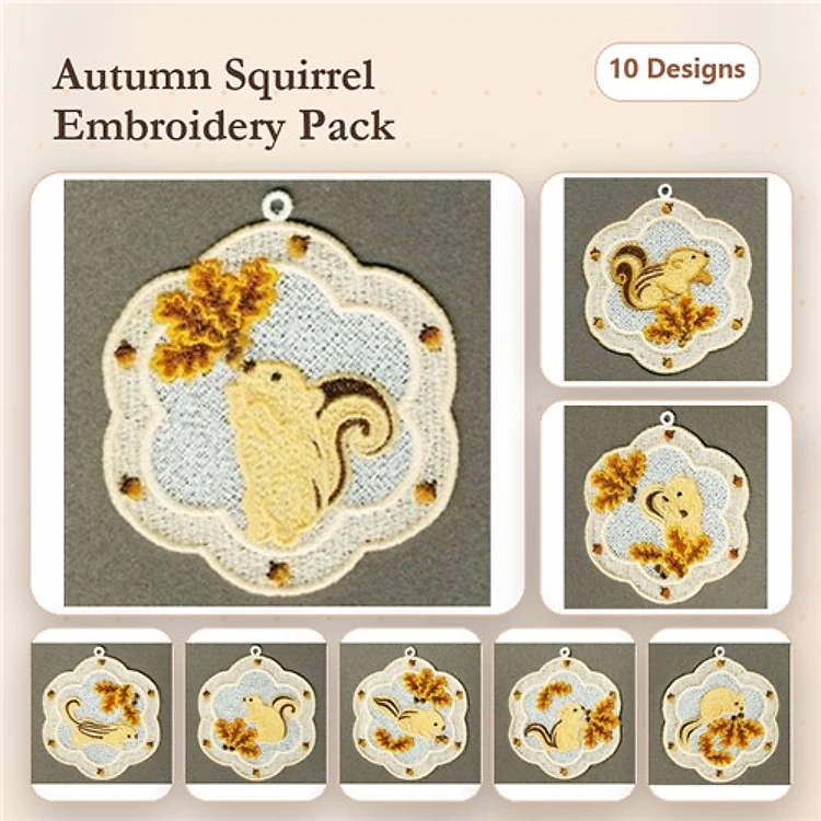 FSL Autumn Squirrel Embroidery Bundle – Squirrel with Acorn, Squirrel with Leaves, Squirrel Peeking & More (10 Designs)