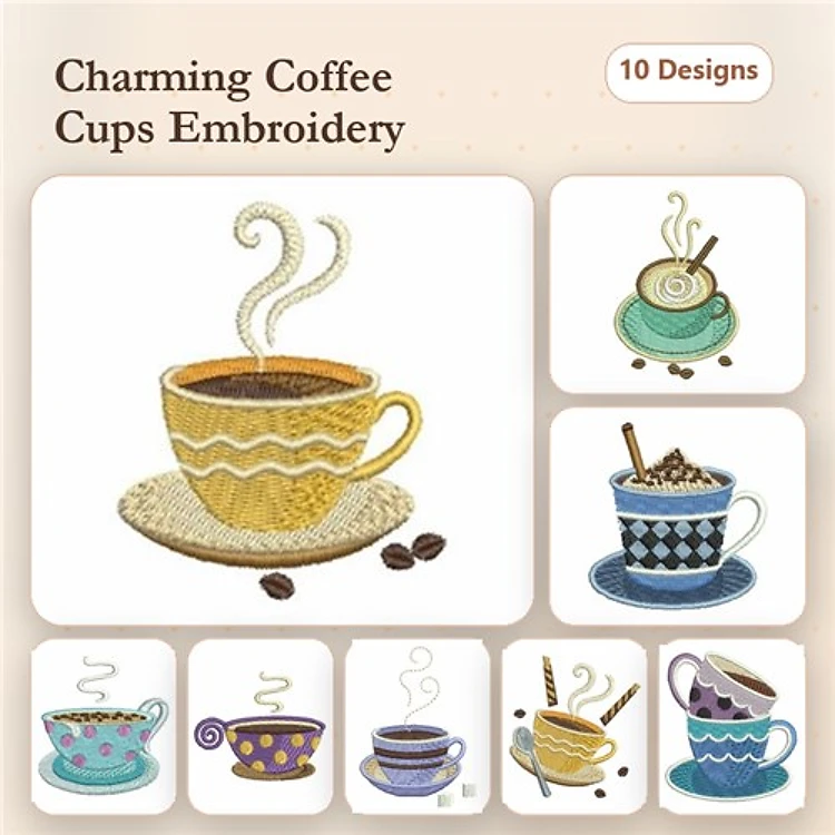 Coffee Cup Embroidery Bundle – Yellow Cup, Turquoise Cup with Spoon, Black and White Checkered Cup & More (10 Designs)