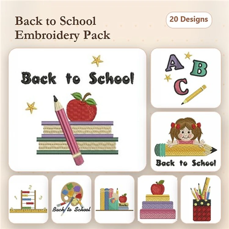 Back to School Embroidery Designs Bundle – Back to School Text, Apple with Books, ABC Letters & More (20 Designs)