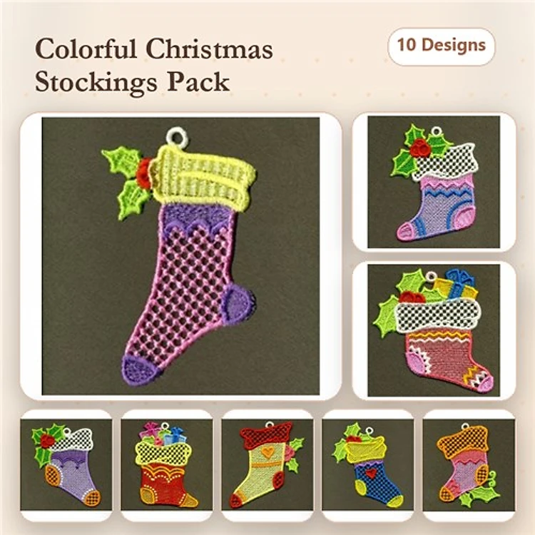 FSL Colorful Christmas Stockings Embroidery Designs Bundle – Purple & Yellow, Red & Green, Multi-color & More (10 Designs)