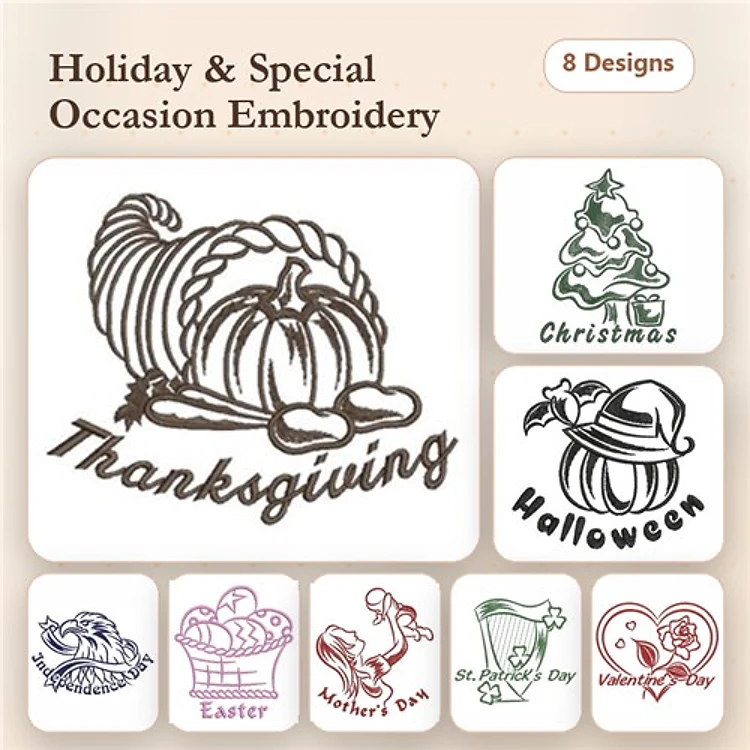 Holiday and Special Occasion Embroidery Bundle – Thanksgiving Cornucopia, Christmas Tree, Halloween Pumpkin & More (8 Designs)