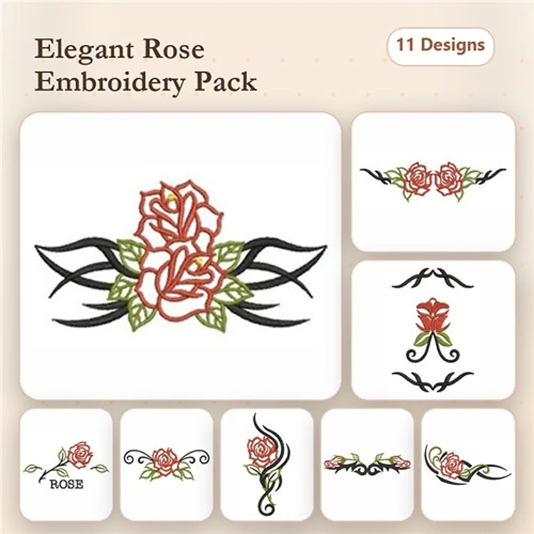 Rose Embroidery Bundle – Elegant Rose with Leaves, Rose Vine, Decorative Rose & More (11 Designs)