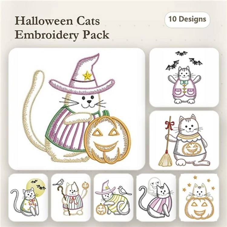 Redwork Halloween Cats Embroidery Bundle – Cat with Pumpkin, Cat in Witch Hat, Cat with Broom & More (10 Designs)