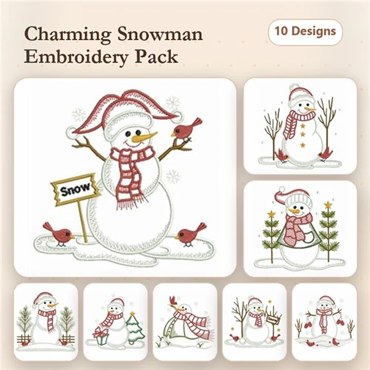 Snowman Embroidery Designs Bundle – Snowman with Sign, Red Birds, Tree & More (10 Designs)