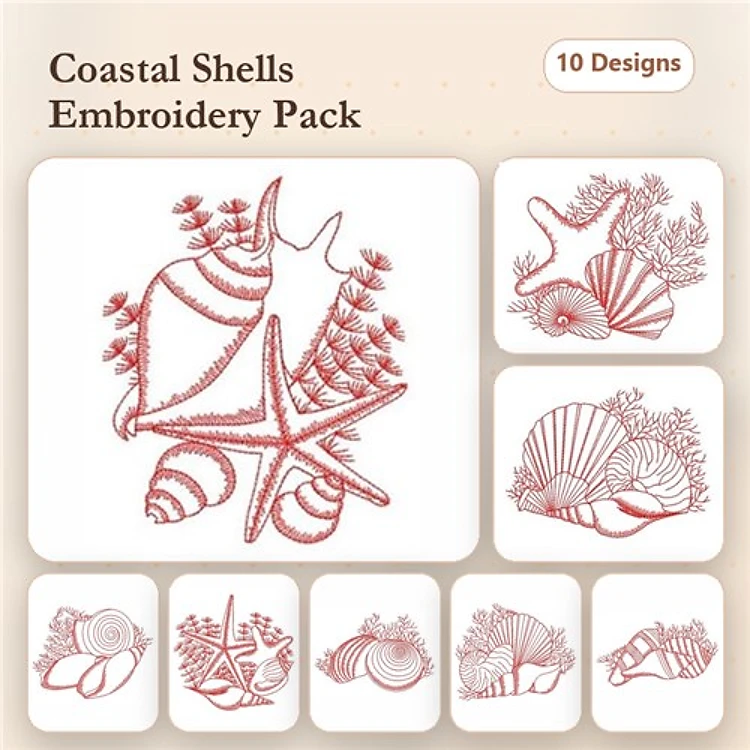 Redwork Coastal Shells Embroidery Designs Bundle – Starfish, Conch Shell, Seashell & More (10 Designs)