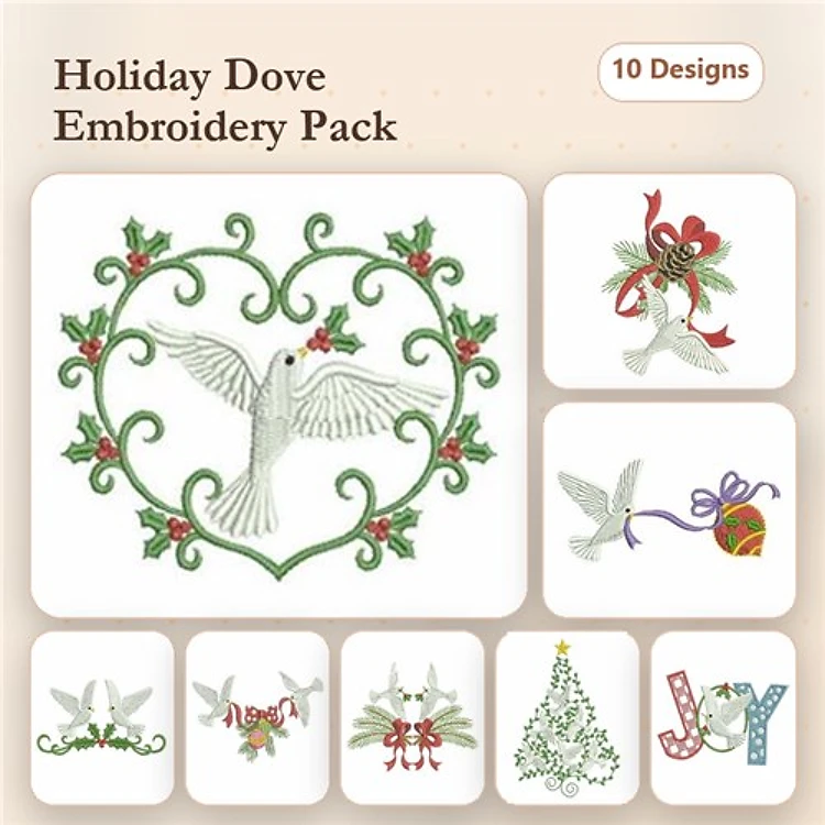 Dove Christmas Embroidery Designs Bundle – Dove with Holly, Dove in Wreath, Dove with Bow & More (10 Designs)
