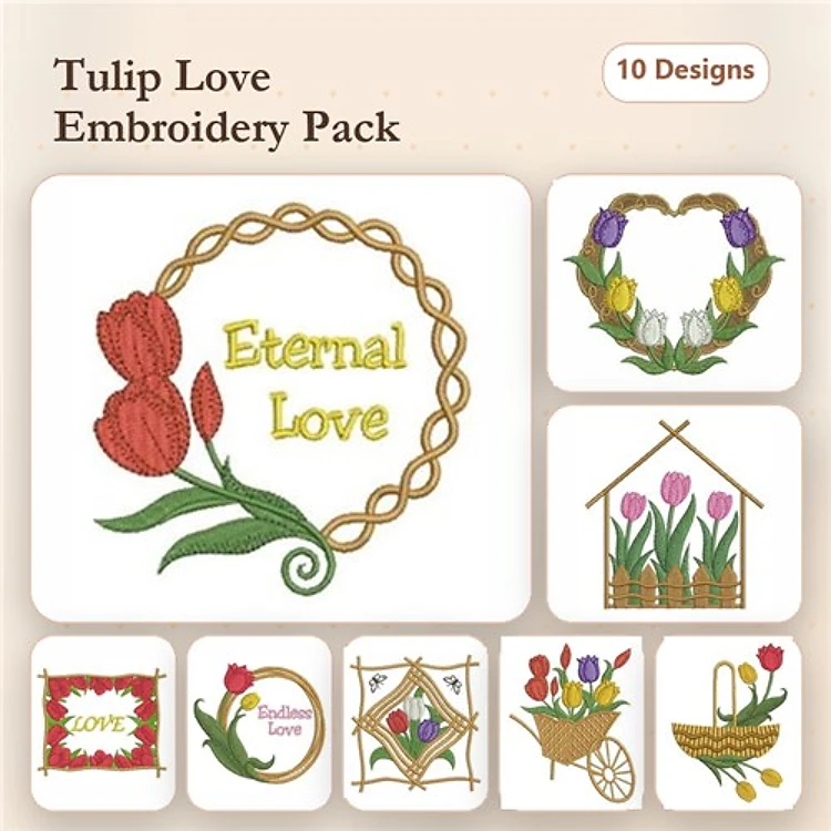 Tulip-themed Embroidery Bundle – Tulip Wreath with Eternal Love, Tulip Bouquet, Basket of Tulips & More (10 Designs)