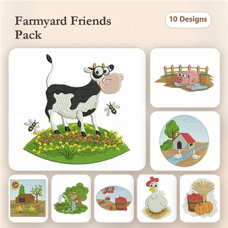 Farm Animal Embroidery Bundle – Cow with Bees, Pig in Mud, Chicken & More (10 Designs)