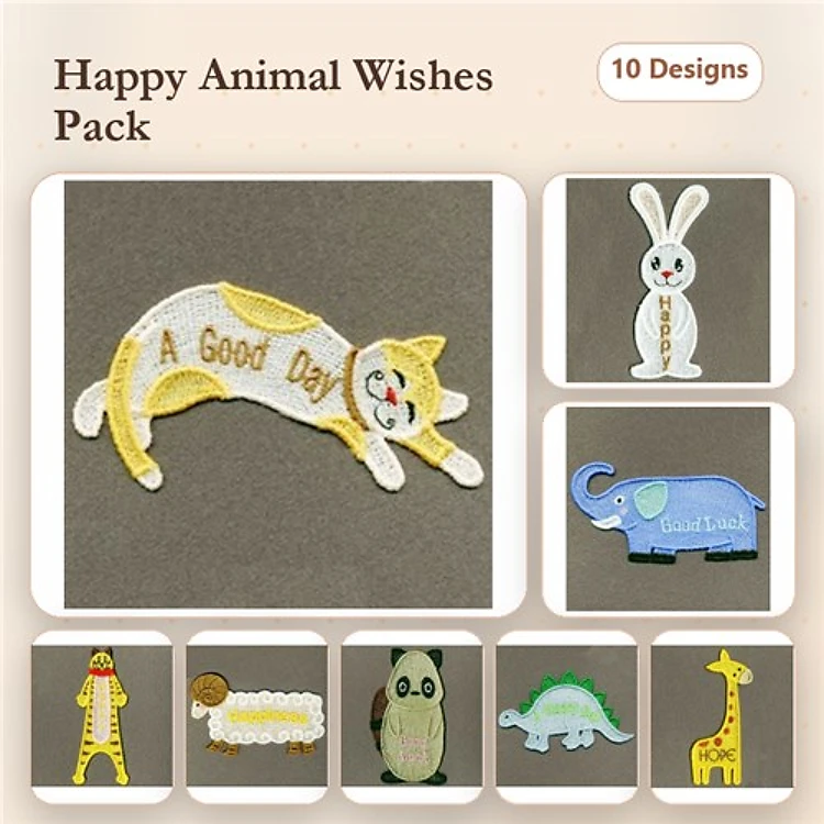 Happy Animal Embroidery Bundle – Joyful Designs (10 Designs)