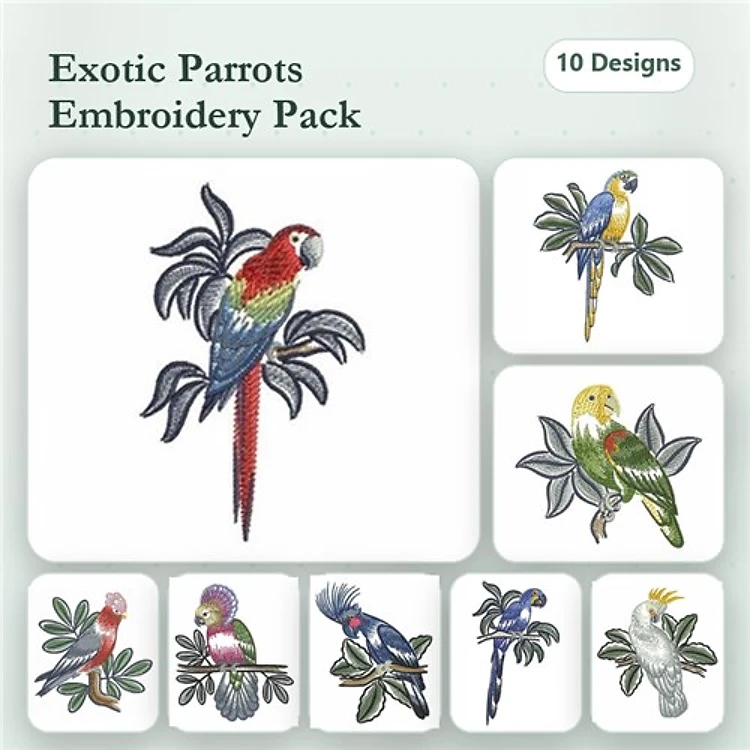 Exotic Parrots Embroidery Bundle – Scarlet Macaw, Blue-and-yellow Macaw, Green Cheek Conure & More (10 Designs)