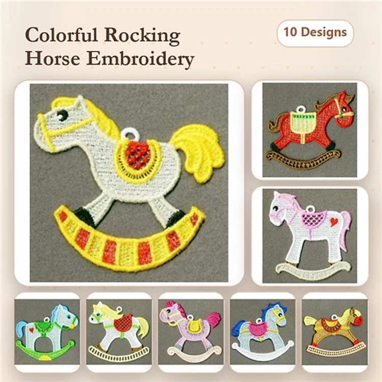 FSL Rocking Horse Embroidery Bundle – Colorful Saddle Variations, Striped, Polka Dots & More (10 Designs)