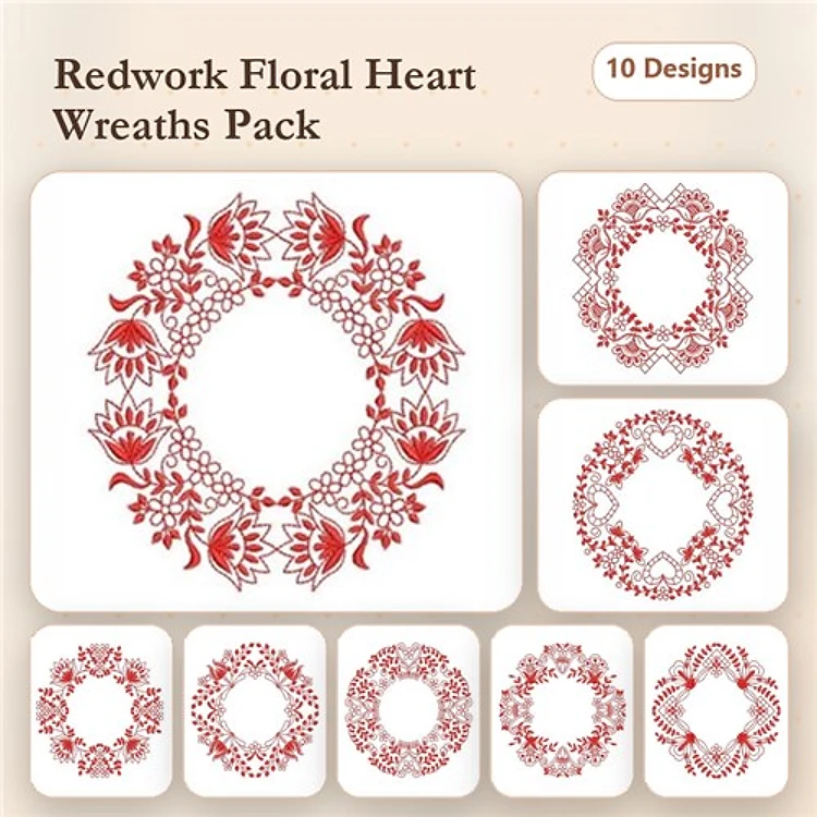 Redwork Floral Heart Wreath Embroidery Bundle – Floral Heart Wreath with Roses, Vines, Leaves & More (10 Designs)
