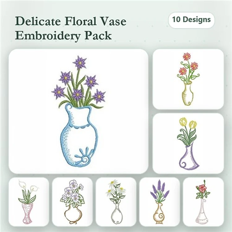 Floral Vases Embroidery Bundle – Purple Flowers, Pink Flowers, Tulips & More (10 Designs)