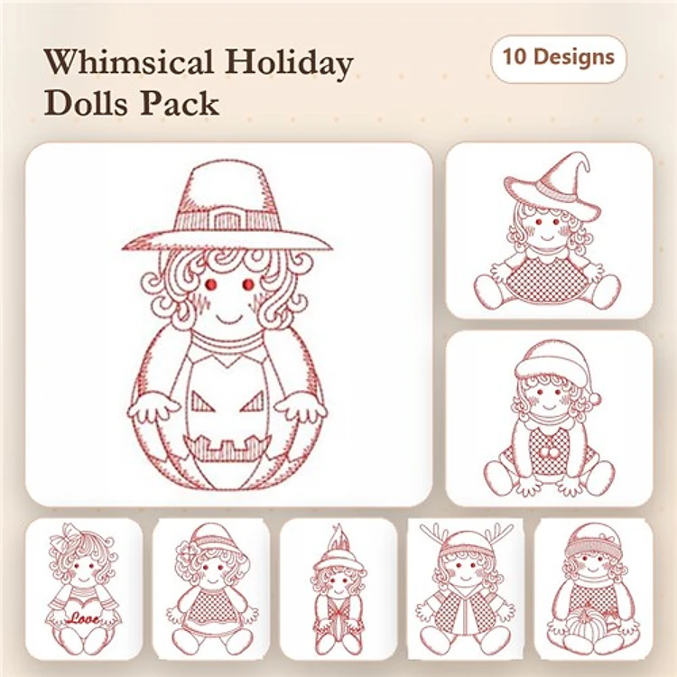 Redwork Whimsical Holiday Dolls Embroidery Designs Bundle – Halloween Doll with Pumpkin, Christmas Doll with Hat, Thanksgiving Doll with Cornucopia & More (10 Designs)