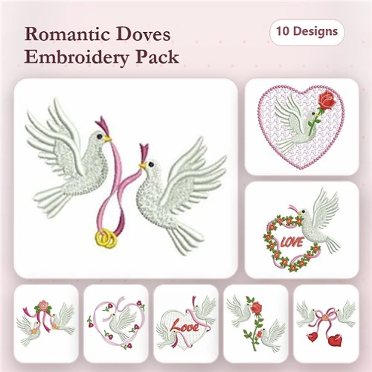 Romantic Doves Embroidery Bundle – Doves with Rings, Rose Heart, Dove with Love & More (10 Designs)