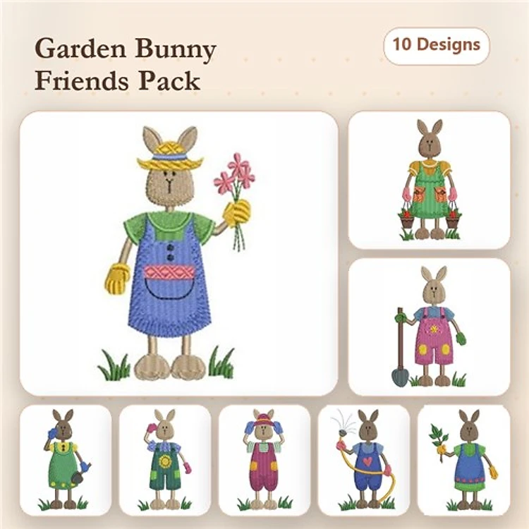 Garden-Themed Bunny Embroidery Bundle – Bunny with Flowers, Bunny in Blue Apron, Bunny with Gardening Tools & More (10 Designs)