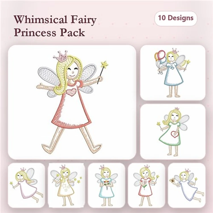 Fairy Princess Embroidery Designs Bundle – Princess with Wand, Princess with Balloon, Princess with Cupcake & More (10 Designs)