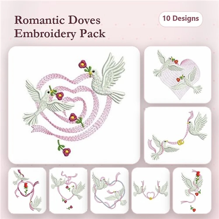 Romantic Doves Embroidery Designs Bundle – Doves in Heart, Dove with Flowers, Couple of Doves & More (10 Designs)