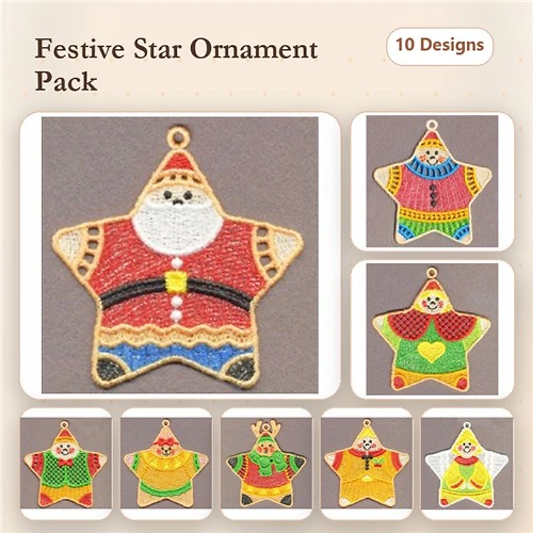 FSL Festive Star Ornaments Embroidery Designs Bundle – Santa, Snowman, Reindeer & More (10 Designs)