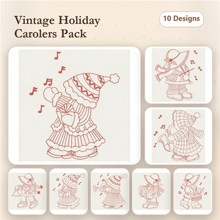 Redwork Vintage Holiday Carolers Embroidery Designs Bundle – Carolers with Music Notes, Boy Caroler with Drum & More (10 Designs)