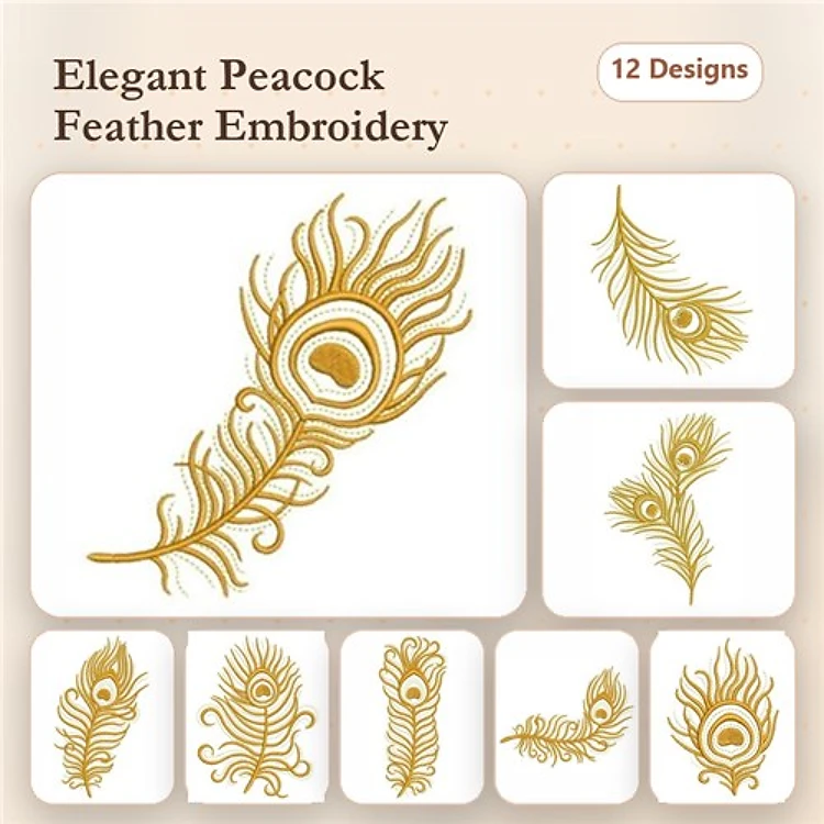 Redwork Elegant Peacock Feathers Embroidery Bundle – Peacock Feather with Eye, Curved Peacock Feather & More (12 Designs)