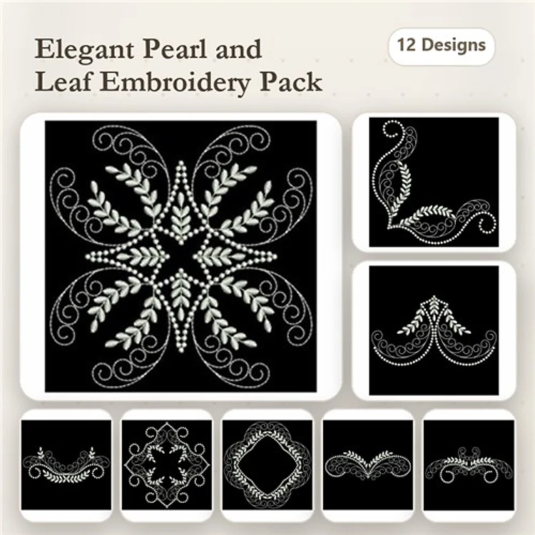 Redwork Pearl & Leaf Embroidery Bundle – Elegant Flourishes, Ornate Frames, & More (12 Designs)