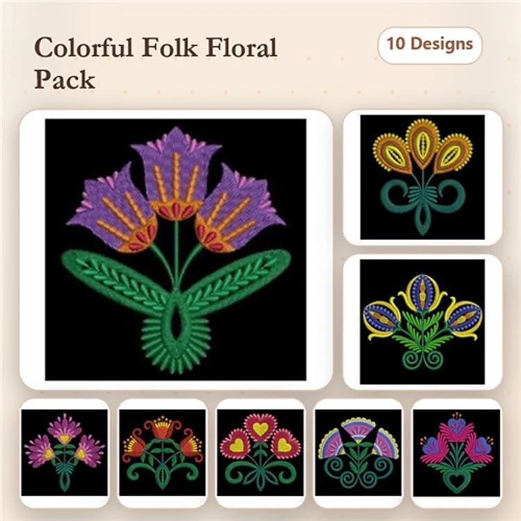 Folk Floral Embroidery Designs Bundle – Floral Bouquet, Multi-Color Floral, Pink Flower Bouquet & More (10 Designs)