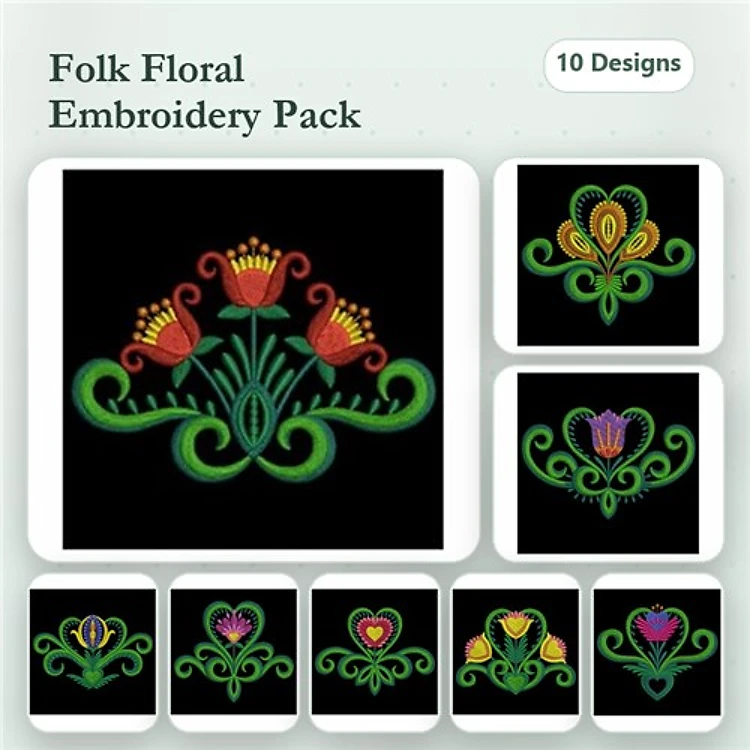 Folk Floral Embroidery Designs Bundle – Folk Heart, Multi-Colored Petals, Floral Arrangement & More (10 Designs)