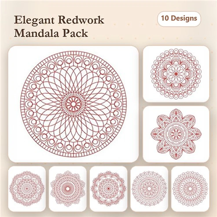 Redwork Elegant Mandala Embroidery Bundle – Mandala Design 1, Mandala Design 2, Mandala Design 3 & More (10 Designs)