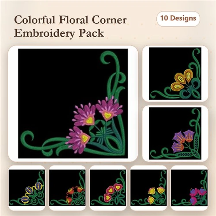 Colorful Floral Corner Embellishments Embroidery Bundle – Purple Floral Corner, Yellow Flower Corner, & More (10 Designs)