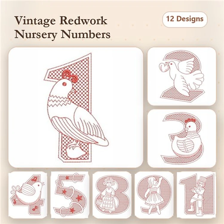 Redwork Vintage Nursery Numbers Embroidery Designs Bundle – Number 1 with Bird, Number 2 with Chicken, & More (12 Designs)
