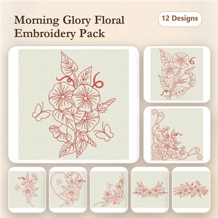 Redwork Morning Glory Embroidery Designs Bundle – Morning Glory Bouquet, Butterflies with Morning Glory & More (12 Designs)