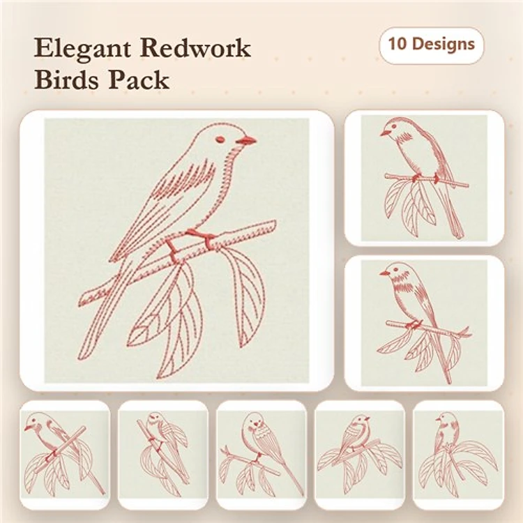 Redwork Elegant Birds Embroidery Designs Bundle – Bird on Branch, Songbird, Leafy Branch Bird & More (10 Designs)