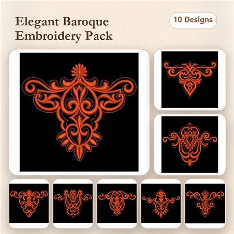 Elegant Baroque Embroidery Bundle – Baroque Corner Accent, Floral Ornament, Swirl Motif & More (10 Designs)