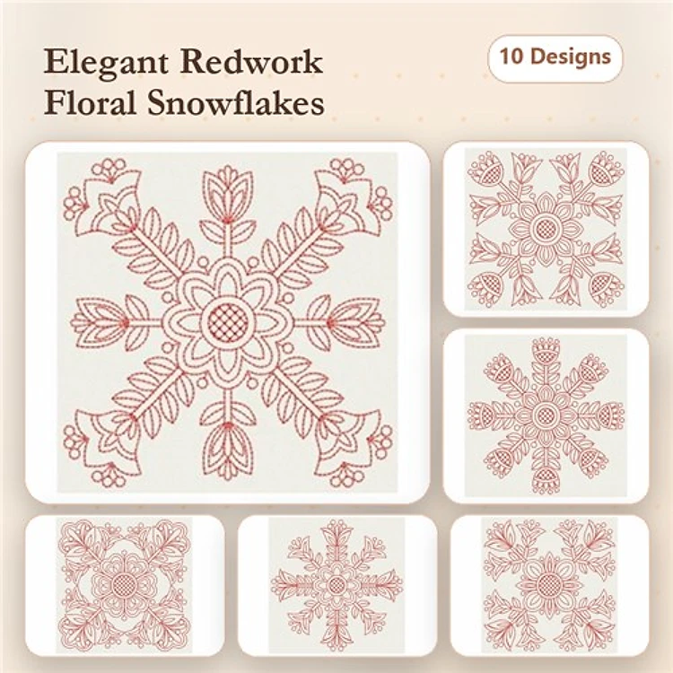 Redwork Floral Snowflakes Embroidery Bundle – Floral Snowflake 1, Floral Snowflake 2, Floral Snowflake 3 & More (10 Designs)