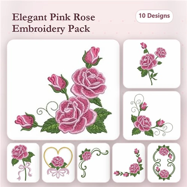 Pink Rose Embroidery Designs Bundle – Elegant Pink Rose Bouquet, Single Pink Rose, Rose Border & More (10 Designs)