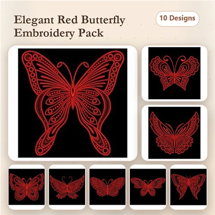 Redwork Elegant Red Butterflies Embroidery Designs Bundle – Butterfly Design A, Butterfly Design B, Butterfly Design C & More (10 Designs)