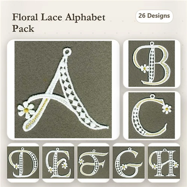 FSL Floral Lace Alphabet Embroidery Bundle – Floral Alphabet A, B, C, D & More (26 Designs)