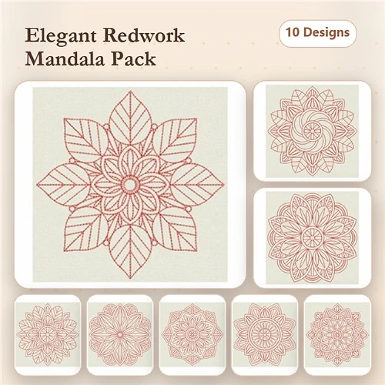Redwork Mandala Embroidery Designs Bundle – Elegant Floral & Geometric Elements (10 Designs)