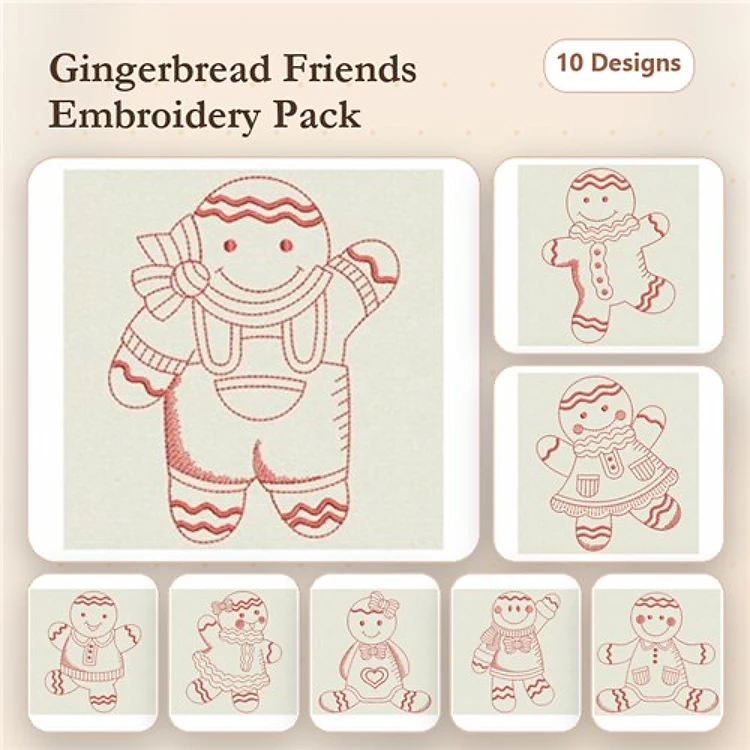 Redwork Gingerbread Characters Embroidery Bundle – Gingerbread Boy with Bow, Gingerbread Girl in Dress & More (10 Designs)