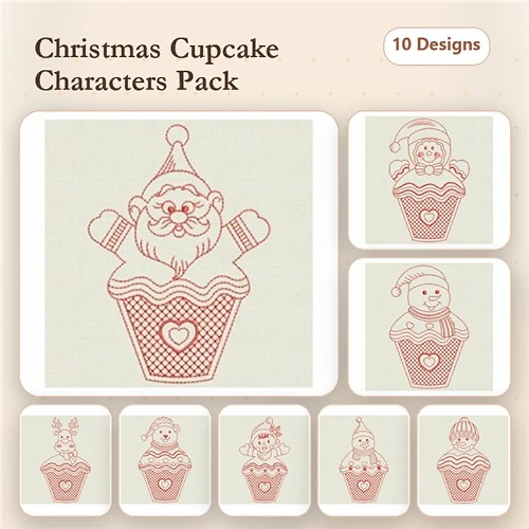 Redwork Christmas Cupcake Characters Embroidery Designs Bundle – Santa, Snowman, Rudolph & More (10 Designs)