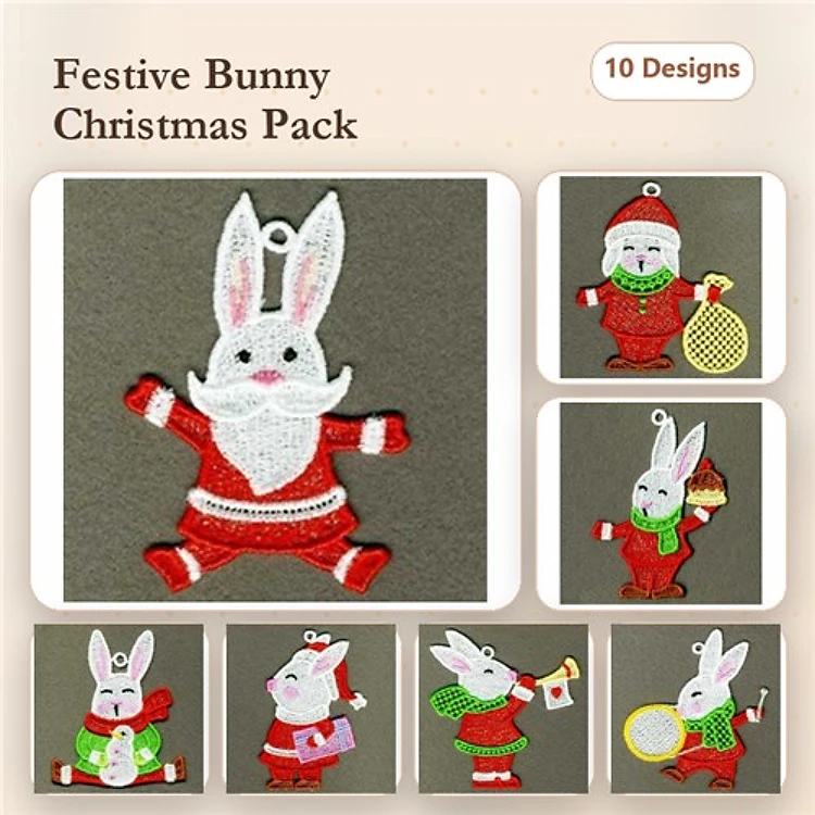 FSL Festive Christmas Bunny Embroidery Bundle – Santa Bunny, Bunny with Gift, Bunny in Red Scarf & More (10 Designs)