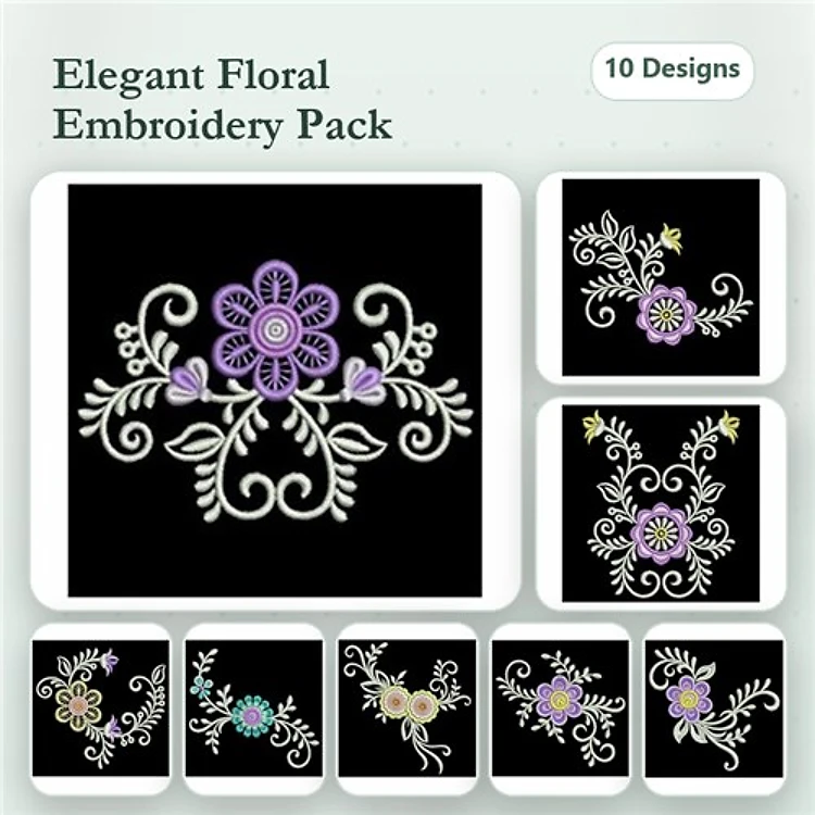 Elegant Floral Embroidery Bundle – Floral Motif with Purple Flower, Decorative Floral Arrangement, & More (10 Designs)