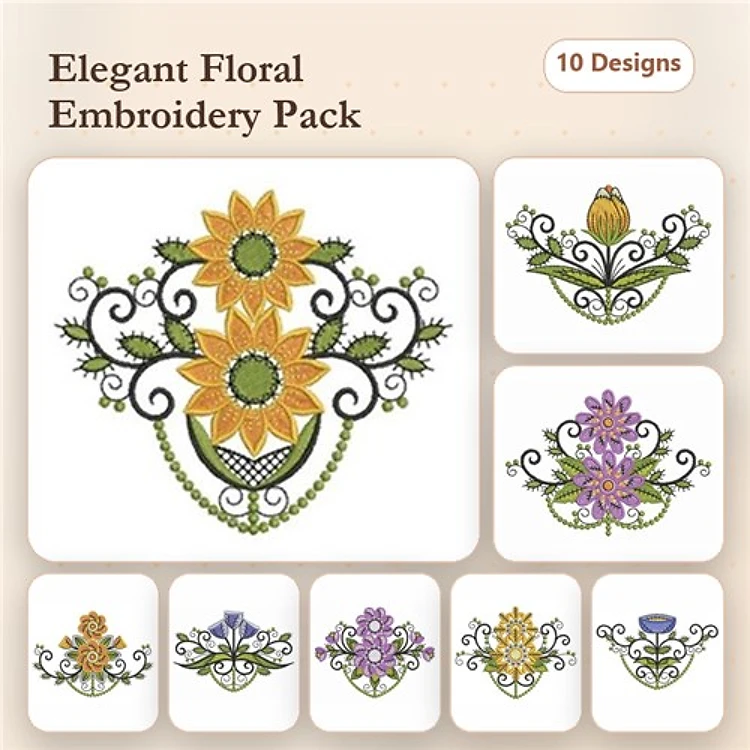 Elegant Floral Embroidery Designs Bundle – Sunflower, Ornamental Floral, Vibrant Blossom & More (10 Designs)