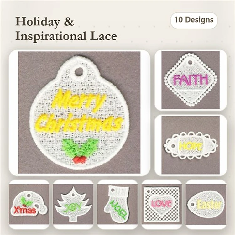 FSL Holiday & Inspirational Lace Embroidery Bundle – Merry Christmas Ornament, Faith Tag, Xmas Tag & More (10 Designs)
